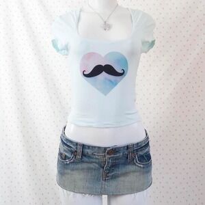 Y2K Light Blue Galaxy Heart Moustache Graphic Crop Top Small